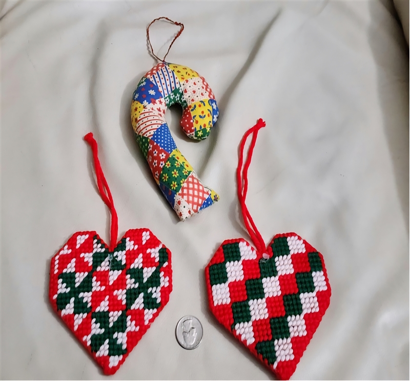 Vintage 3 handcrafted ornaments including two woven hearts Christmas tree decor