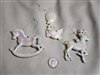 Luminescent colors vintage Christmas tree ornaments with Bird marked Hong Kong, reindeer, and a rocking horse