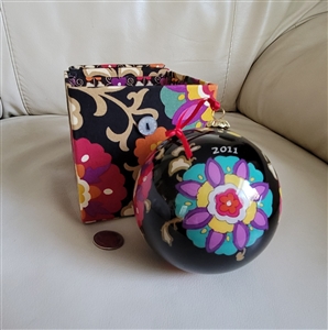 Vera Bradley 2011 colorful floral glass ball ornament with matching patterned fabric storage box