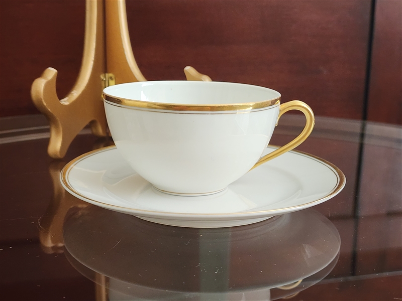 White and gold porcelain teacup and saucer by Meito Japan
