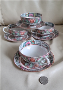 Y T Hong Kong eggshell teacups and saucers in colorful hand painted patterns