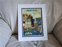 Lantern Press 11 by 14 matted art print showing Seattle Space Needle and Emerald City skyline