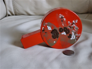 Vintage 1960s Japanese red hand fan shaped compact and lipstick case floral lid decor