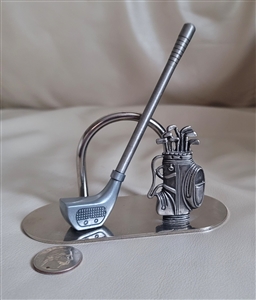 vintage rotating golf bag pen stand silver metal desk decor with matching pen in preowned condition