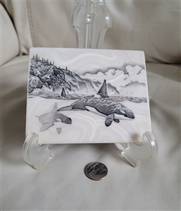 Orcas in the ocean scrimshaw style display