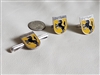 Stuttgart shield cufflinks and tie clasp for men in silver tone metal with yellow and black enamel stallion decor