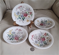 Spode Romney floral porcelain saucers with embossed wicker edges, set of four