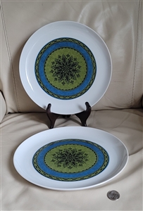 Sango Japan Aquarius Apollo blue green medallion porcelain dinner plates preowned vintage set of two