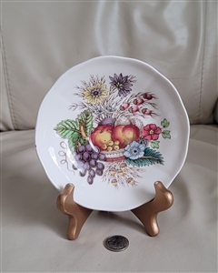 Set of six vintage Spode Reynolds earthenware saucers with colorful fruit and blossom harvest design