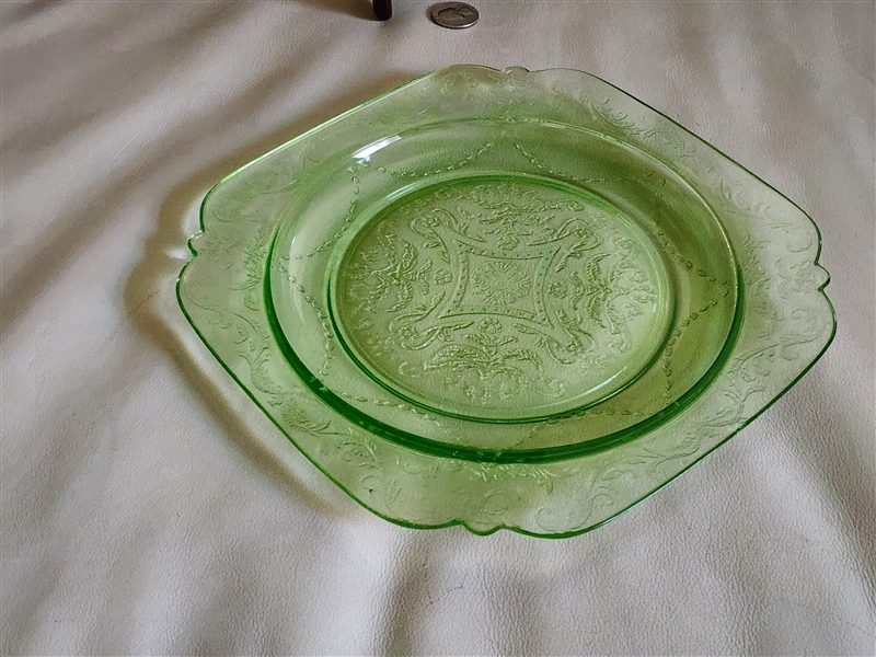 Hocking Glass Company Princess pattern green uranium depression glass square luncheon plate