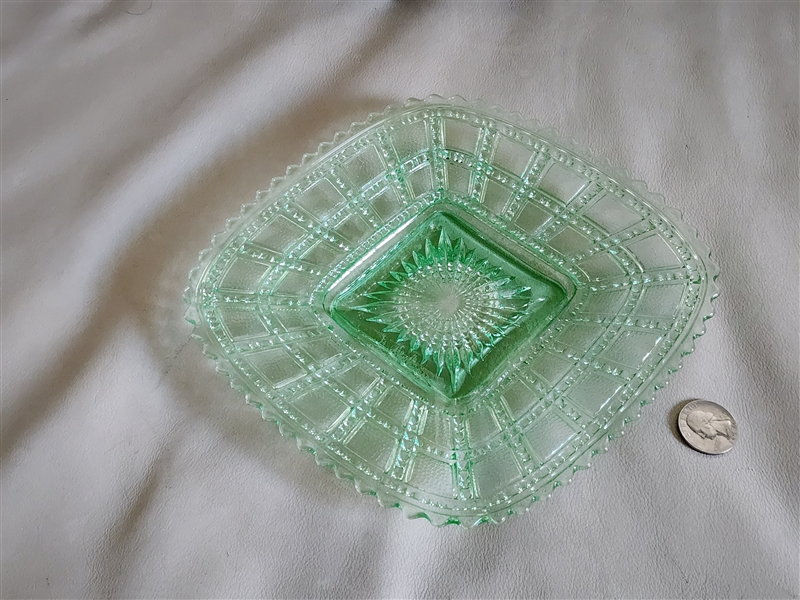 Imperial Glass Company Beaded Block pattern green uranium depression glass square salad plate