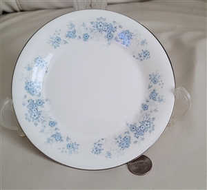 Royal Doulton Michelle pattern 8 inch fine bone porcelain salad plate with blue floral arrangement and platinum rim