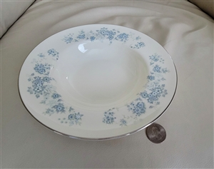 Royal Doulton Michelle pattern fine bone porcelain rim soup bowl with blue floral sprays and platinum rim