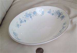 Royal Doulton Michelle pattern fine bone porcelain oval vegetable serving bowl with blue floral sprays and platinum rim