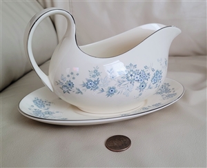 Royal Doulton Michelle pattern fine bone china gravy boat and matching underplate set with blue florals and platinum trim