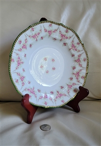 Antique Elite Works SM Limoges France round porcelain soup bowl with pink rose pattern and gold trim