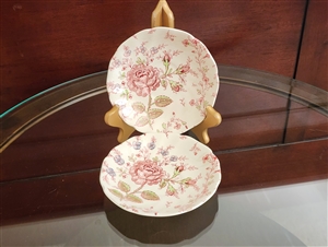 Johnson Brothers Rose Chintz pink green and blue floral porcelain saucers set of two made in England