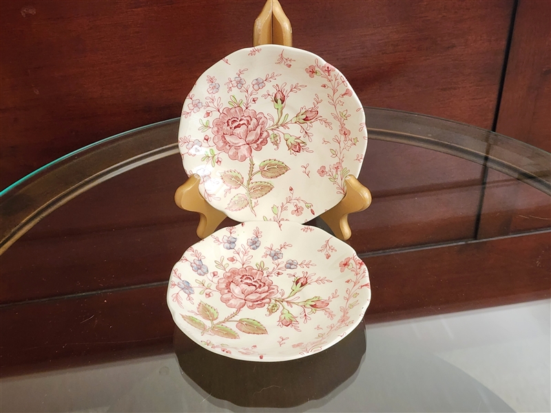 Johnson Brothers Rose Chintz pink green and blue floral porcelain saucers set of two made in England