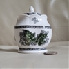 Johnson Brothers English ironstone lidded sugar bowl in The Friendly Village green and gray transferware pattern with matching lid from the 1950s