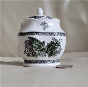Johnson Brothers English ironstone lidded sugar bowl in The Friendly Village green and gray transferware pattern with matching lid from the 1950s