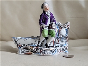 Vintage Erphila German Porcelain Cigar Smoking Set Sitting Man Figurine with Purple Coat and Green Breeches