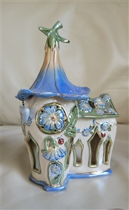 Vintage 2006 Blue Sky Heather Goldminc Alpine Church iridescent blue mint tealight holder