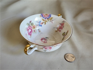 Vintage 1960 Castleton Sunnybrooke porcelain footed cream soup bowl with two gold handles and multicolor floral interior and exterior designs