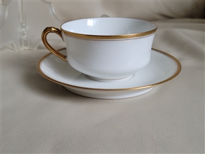 Haviland Limoges France elegant teacup and saucer white and gold decor over white porcelain