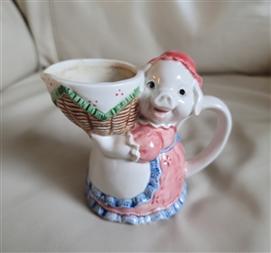 Vintage Otagiri porcelain figural pig with basket pitcher and vase from Japan with pink dress and hat from the 1980s