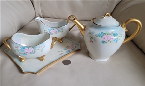 Antique Art Nouveau tea set with Haviland France teapot, William Guerin Limoges tray, and Bavarian creamer and sugar bowl with rose pattern