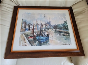 Lucien Delarue Parisian river scene 1960s vintage offset lithograph architectural wood frame
