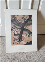 Vintage Momoyama School Japanese art print horses reproduction in original clear cellophane cover with white cardboard border