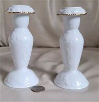 Pair of Vintage Rosenthal Classic Rose white porcelain candle holders with gold trim on a white background