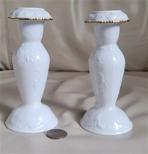Pair of Vintage Rosenthal Classic Rose white porcelain candle holders with gold trim on a white background