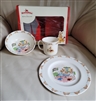 Royal Doulton Bunnykins 3-piece porcelain children's dinnerware set with plate, bowl, and mug featuring colorful bunny rabbit family bath time artwork and running rabbit borders in original box