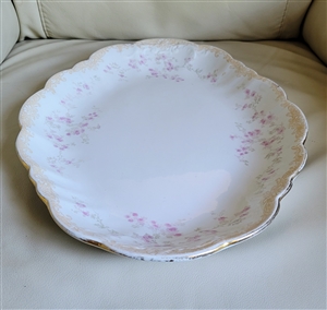 Antique Doulton Burslem Bernice pattern 13 inch oval porcelain display platter with pink floral border lace trim and gold scalloped edge