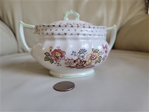 Royal Doulton Grantham pattern vintage lidded porcelain sugar bowl with double handles and colorful floral bouquet artwork with green trim