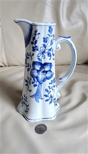 Vintage Andrea by Sadek blue and white floral porcelain pitcher with scalloped base made in Japan