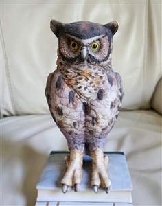 Vintage Andrea by Sadek hand painted porcelain great horned owl figurine perched on books made in Japan