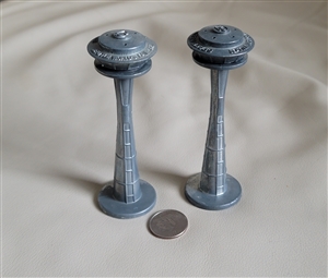 Vintage 1962 silver metal Seattle Space Needle salt and pepper shakers with official fair logo stamp