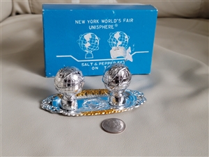 Vintage 1964 New York World's Fair Unisphere shakers with 4-3/4 inch tray and original box