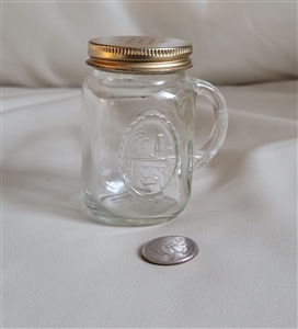 Pre-owned vintage Anchor Hocking glass shaker with gold metal lid and embossed T For Home Canning detail