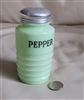 Jeannette Jadeite green glass pepper shaker featuring ribbed beehive design, black lettering, and metal screw lid