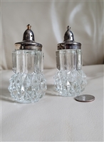 Vintage Indiana Glass clear Diamond Point pattern salt and pepper shaker set with metal lids