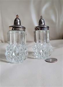 Vintage Indiana Glass clear Diamond Point pattern salt and pepper shaker set with metal lids