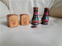 Handcrafted wooden salt and pepper shakers sets table setting Folk Art style kitchen accessories.