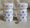 Set of 2 white and blue large octagonal ceramic salt and pepper shakers shown with reference coin