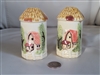 MR Pottery 1988 embossed house salt and pepper shakers set showing front design
