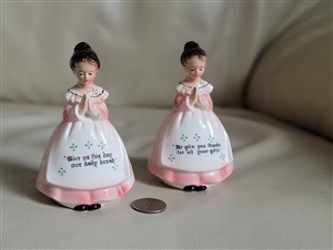 Girls with prayers shakers Enesco made in Japan, table setting accessories collectible porcelain