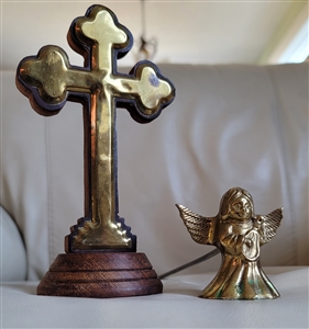 Wooden Cross and brass Angel snuffer set spiritual and religious home decor vintage collectibles